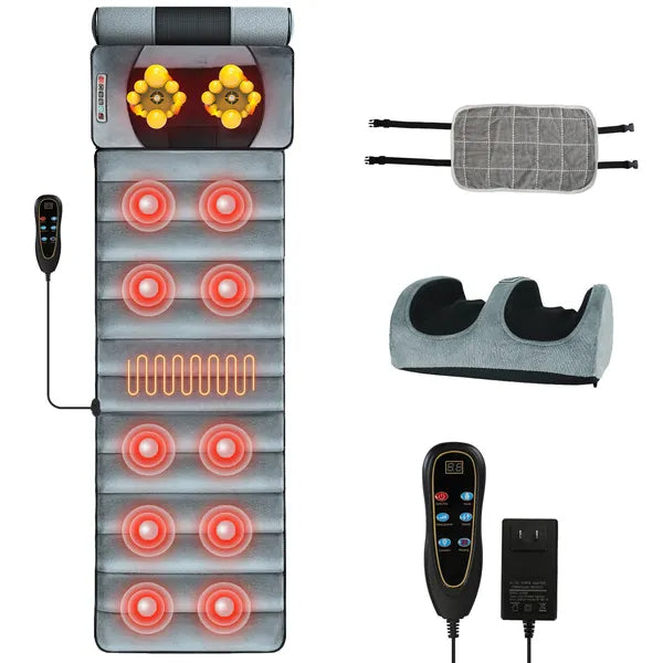 Full Body Electric Massage Mat Heating Vibration Massage Pad Cushion Back Massage Mattress Chair Pad With Neck Foot Massage Head Pillow And Cloth Lumbar Pillow Timer Anti-Slip Bottom