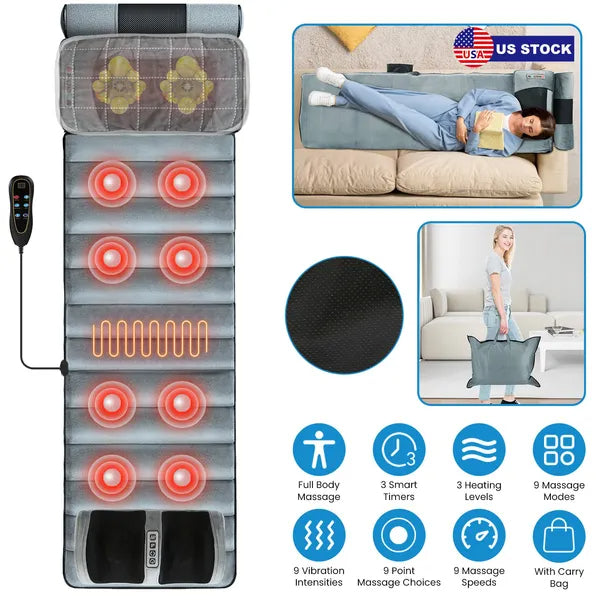 Full Body Electric Massage Mat Heating Vibration Massage Pad Cushion Back Massage Mattress Chair Pad With Neck Foot Massage Head Pillow And Cloth Lumbar Pillow Timer Anti-Slip Bottom