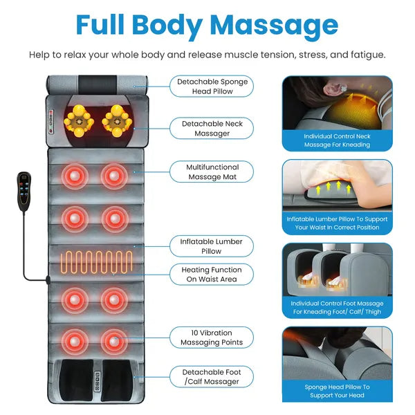Full Body Electric Massage Mat Heating Vibration Massage Pad Cushion Back Massage Mattress Chair Pad With Neck Foot Massage Head Pillow And Cloth Lumbar Pillow Timer Anti-Slip Bottom
