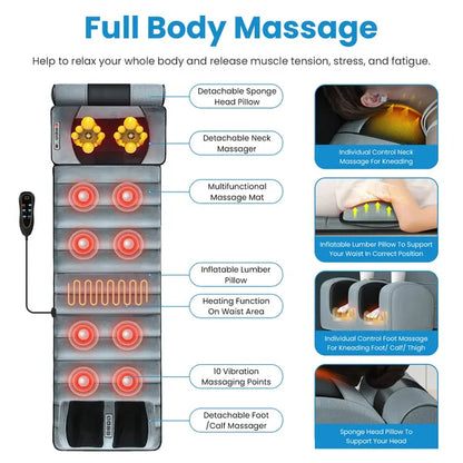 Full Body Electric Massage Mat Heating Vibration Massage Pad Cushion Back Massage Mattress Chair Pad With Neck Foot Massage Head Pillow And Cloth Lumbar Pillow Timer Anti-Slip Bottom