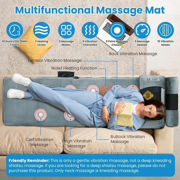 Full Body Electric Massage Mat Heating Vibration Massage Pad Cushion Back Massage Mattress Chair Pad With Neck Foot Massage Head Pillow And Cloth Lumbar Pillow Timer Anti-Slip Bottom